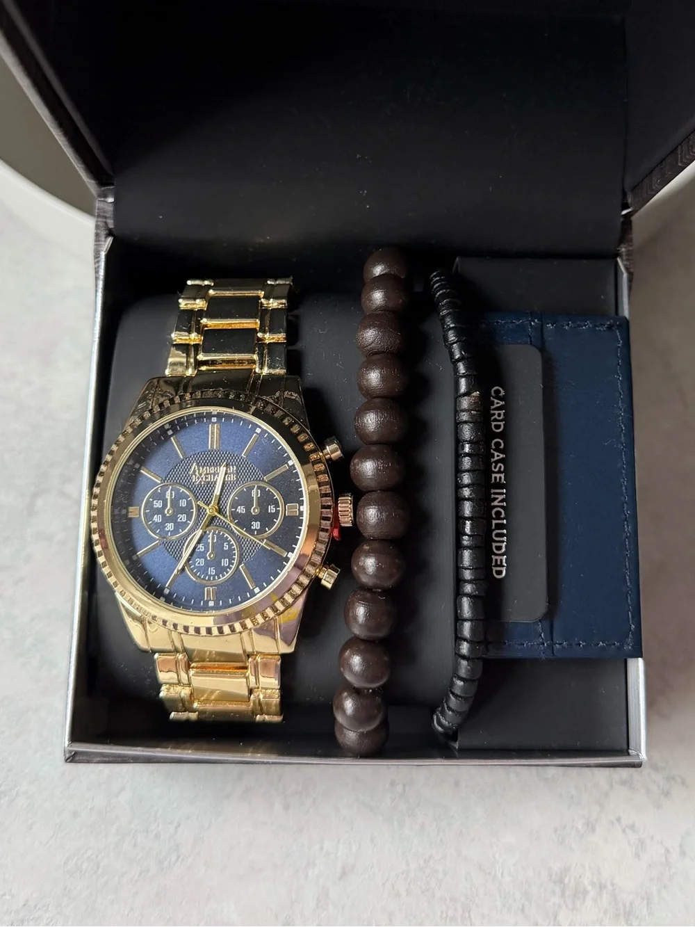 Gold Tone Men's Watch Gift Set with Blue Dial and Accessories